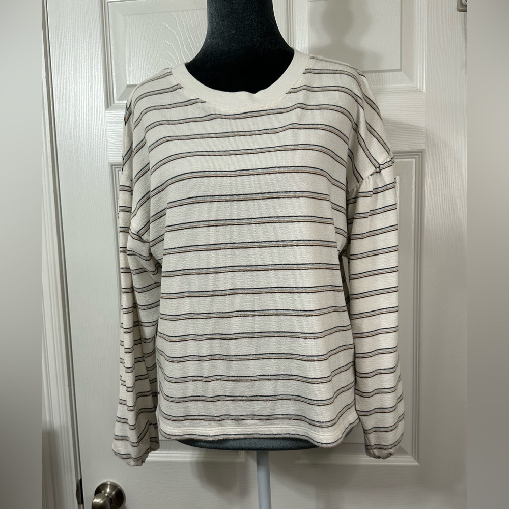 Madewell Cream, blue, Black Striped Crew Neck Cotton Blend Knit Sweater